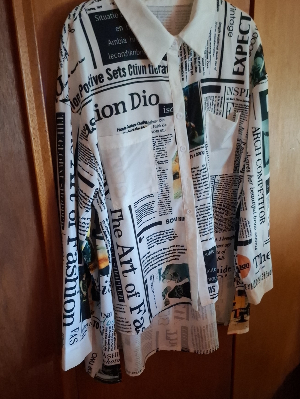 Source Unknown White Newspaper Print Button-Up Blouse